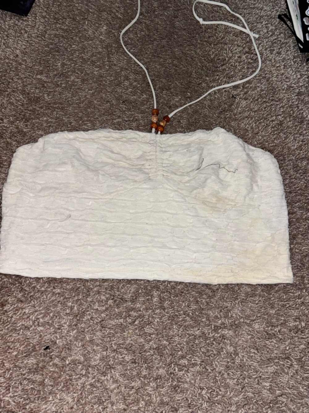 Cream Textured Bandeau Top with Bead Accent